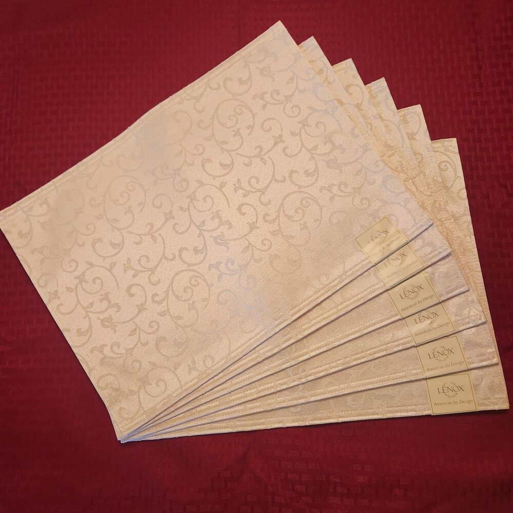 Lenox Opal Innocence Damask Placemats Cream / Ivory Set of Six 17.5" x 13" New